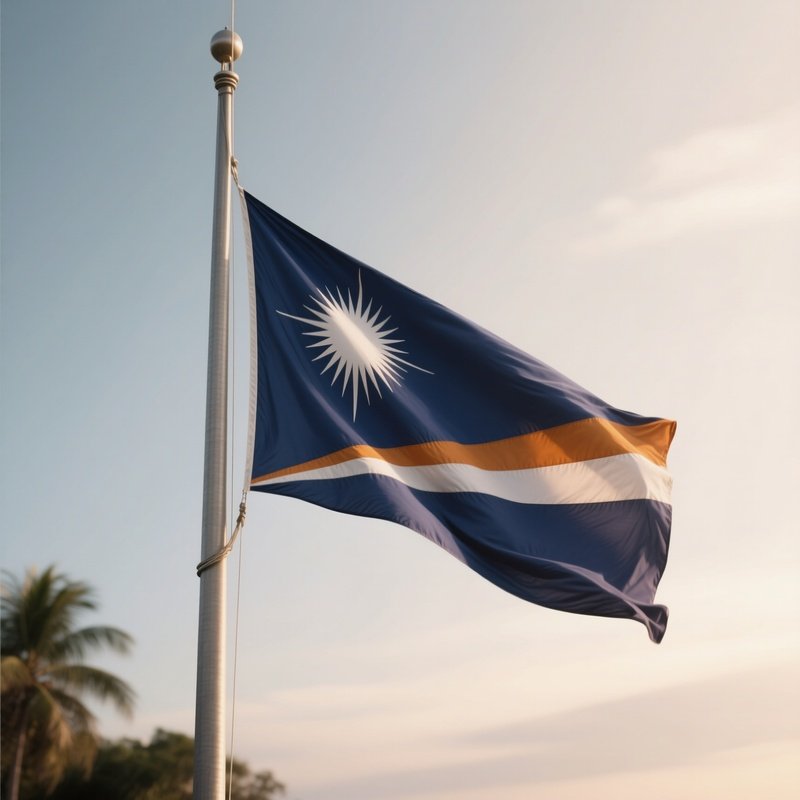 A Photorealistic Scene Of The National Flag Of Marshall Islands Flying At Half Mast On A Tall Flagpole, Gently Lowering In The Wind Against A Respectful, Calm Backdrop With Soft Natural Lighting.