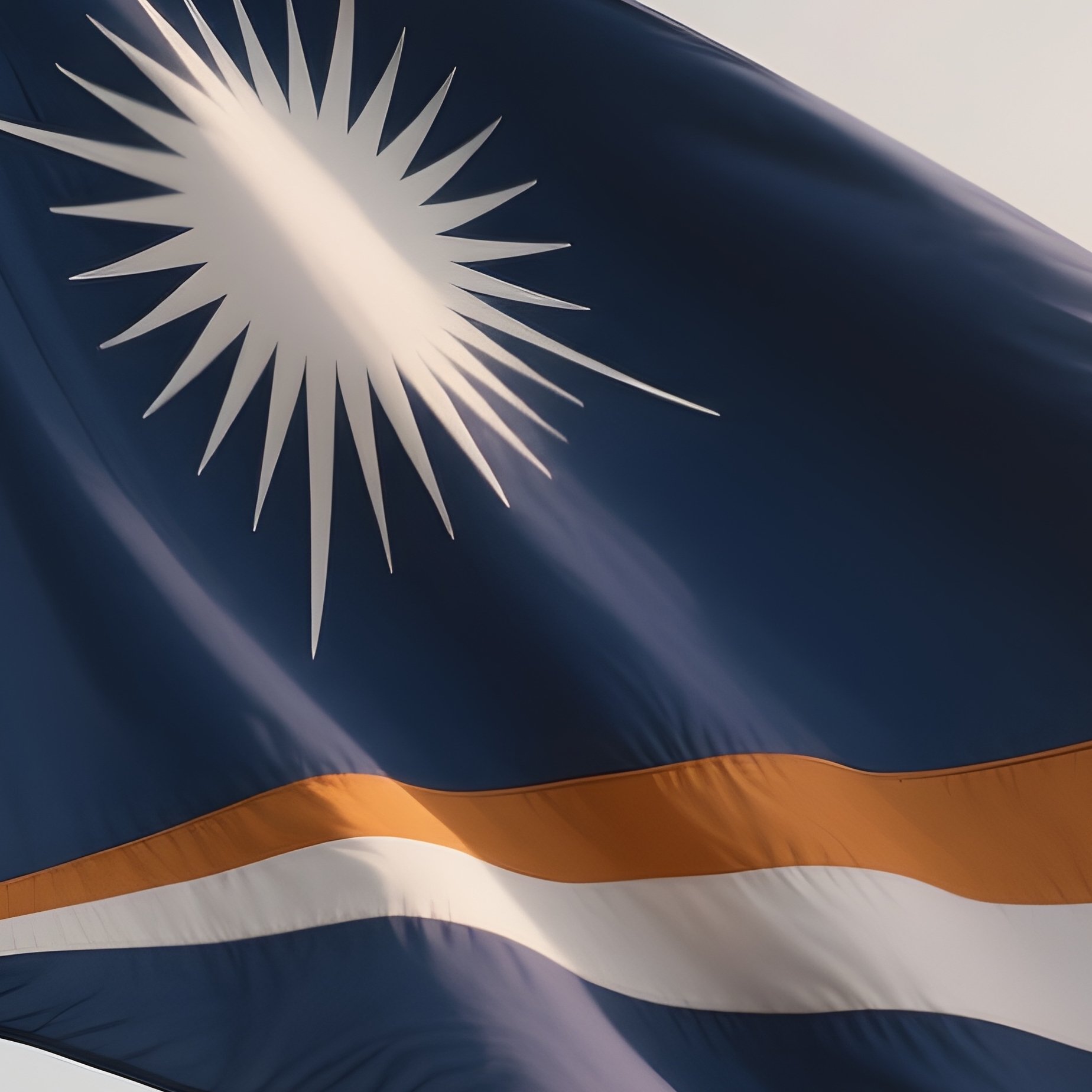 A Photorealistic Scene Of The National Flag Of Marshall Islands Flying At Half Mast On A Tall Flagpole, Gently Lowering In The Wind Against A Respectful, Calm Backdrop With Soft Natural Lighting. - Full Resolution Quality Preview