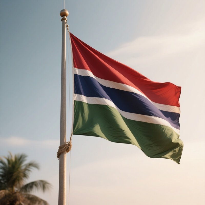 A Photorealistic Scene Of The National Flag Of Gambia Flying At Half Mast On A Tall Flagpole, Gently Lowering In The Wind Against A Respectful, Calm Backdrop With Soft Natural Lighting.