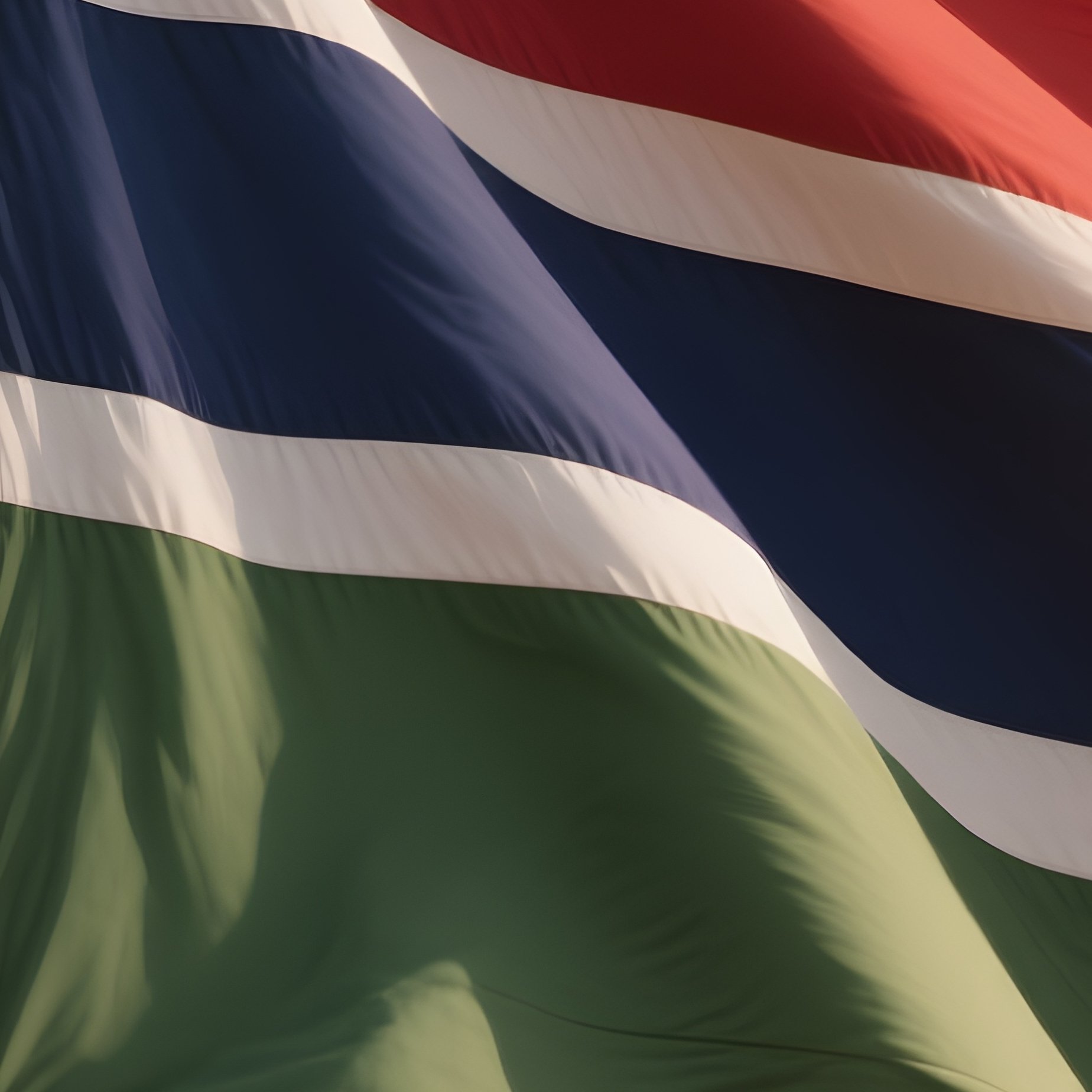 A Photorealistic Scene Of The National Flag Of Gambia Flying At Half Mast On A Tall Flagpole, Gently Lowering In The Wind Against A Respectful, Calm Backdrop With Soft Natural Lighting. - Full Resolution Quality Preview