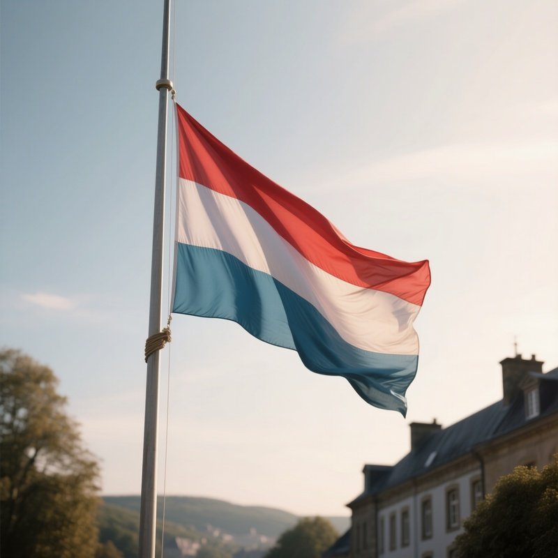 A Photorealistic Scene Of The National Flag Of Luxembourg Flying At Half Mast On A Tall Flagpole, Gently Lowering In The Wind Against A Respectful, Calm Backdrop With Soft Natural Lighting.