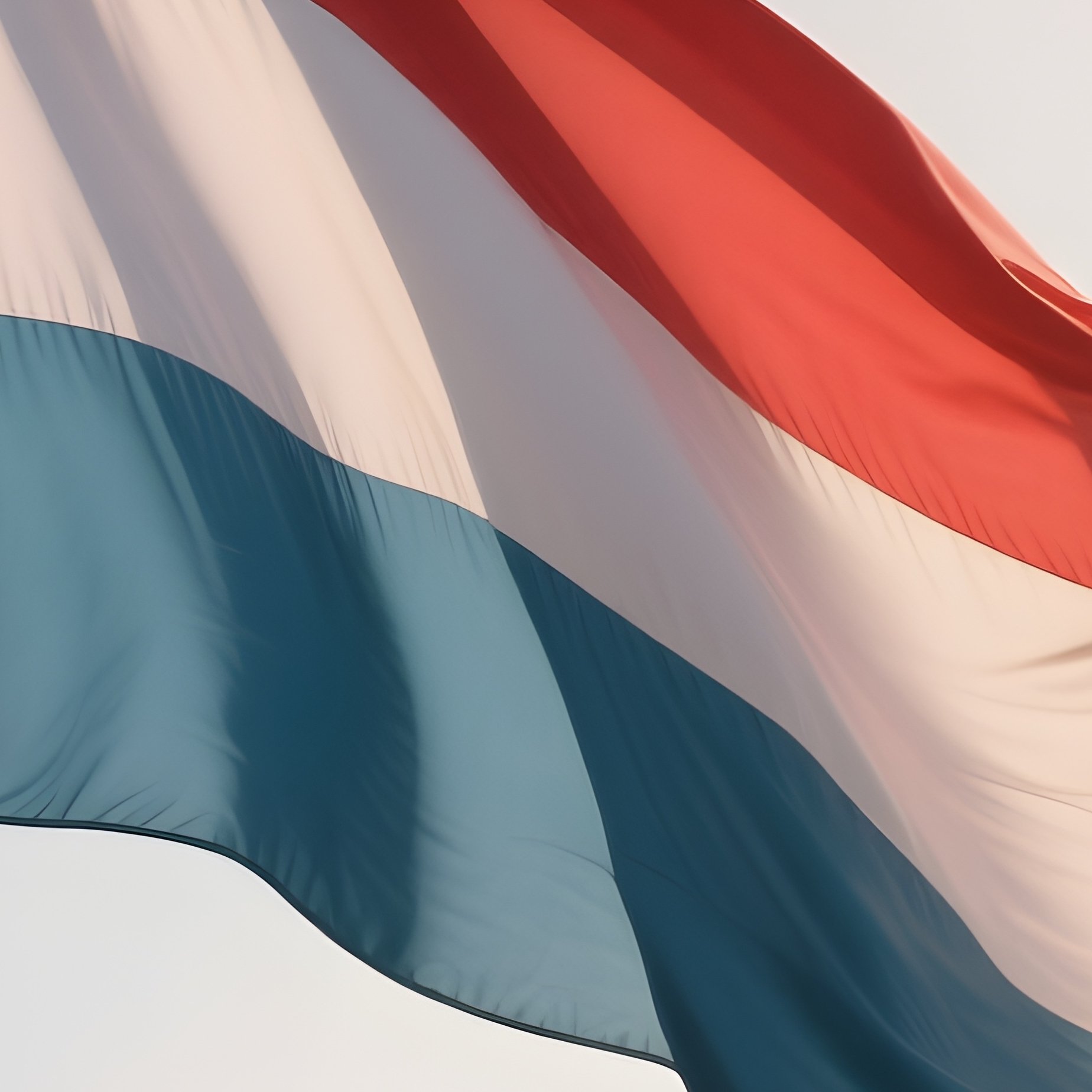 A Photorealistic Scene Of The National Flag Of Luxembourg Flying At Half Mast On A Tall Flagpole, Gently Lowering In The Wind Against A Respectful, Calm Backdrop With Soft Natural Lighting. - Full Resolution Quality Preview