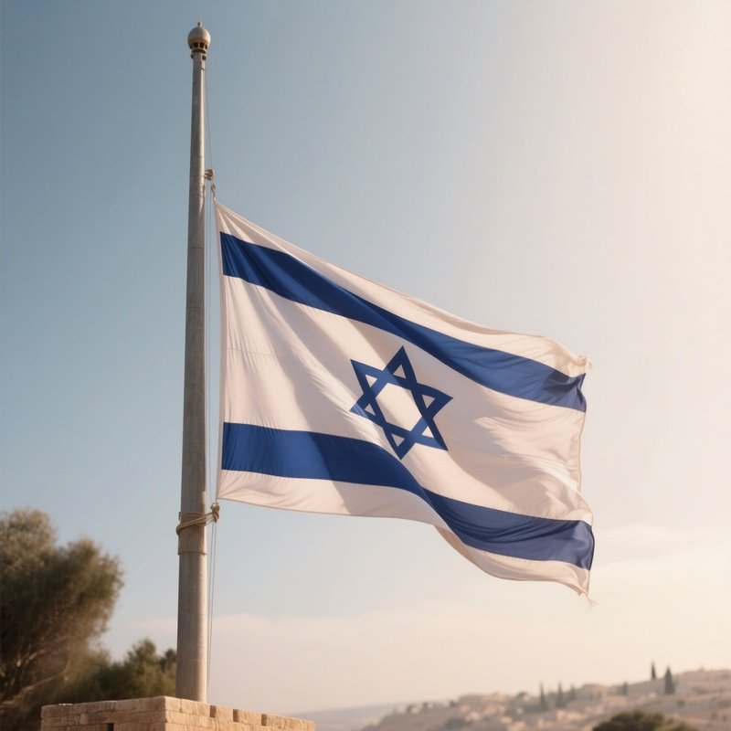 A Photorealistic Scene Of The National Flag Of Israel Flying At Half Mast On A Tall Flagpole, Gently Lowering In The Wind Against A Respectful, Calm Backdrop With Soft Natural Lighting.