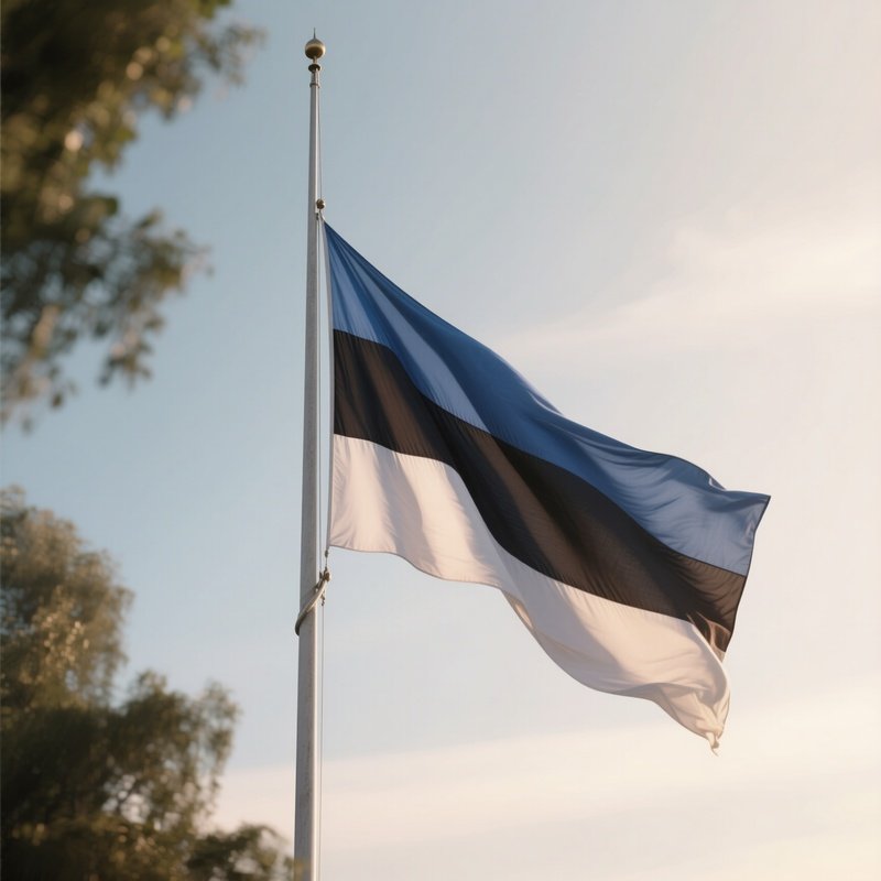 A Photorealistic Scene Of The National Flag Of Estonia Flying At Half Mast On A Tall Flagpole, Gently Lowering In The Wind Against A Respectful, Calm Backdrop With Soft Natural Lighting.