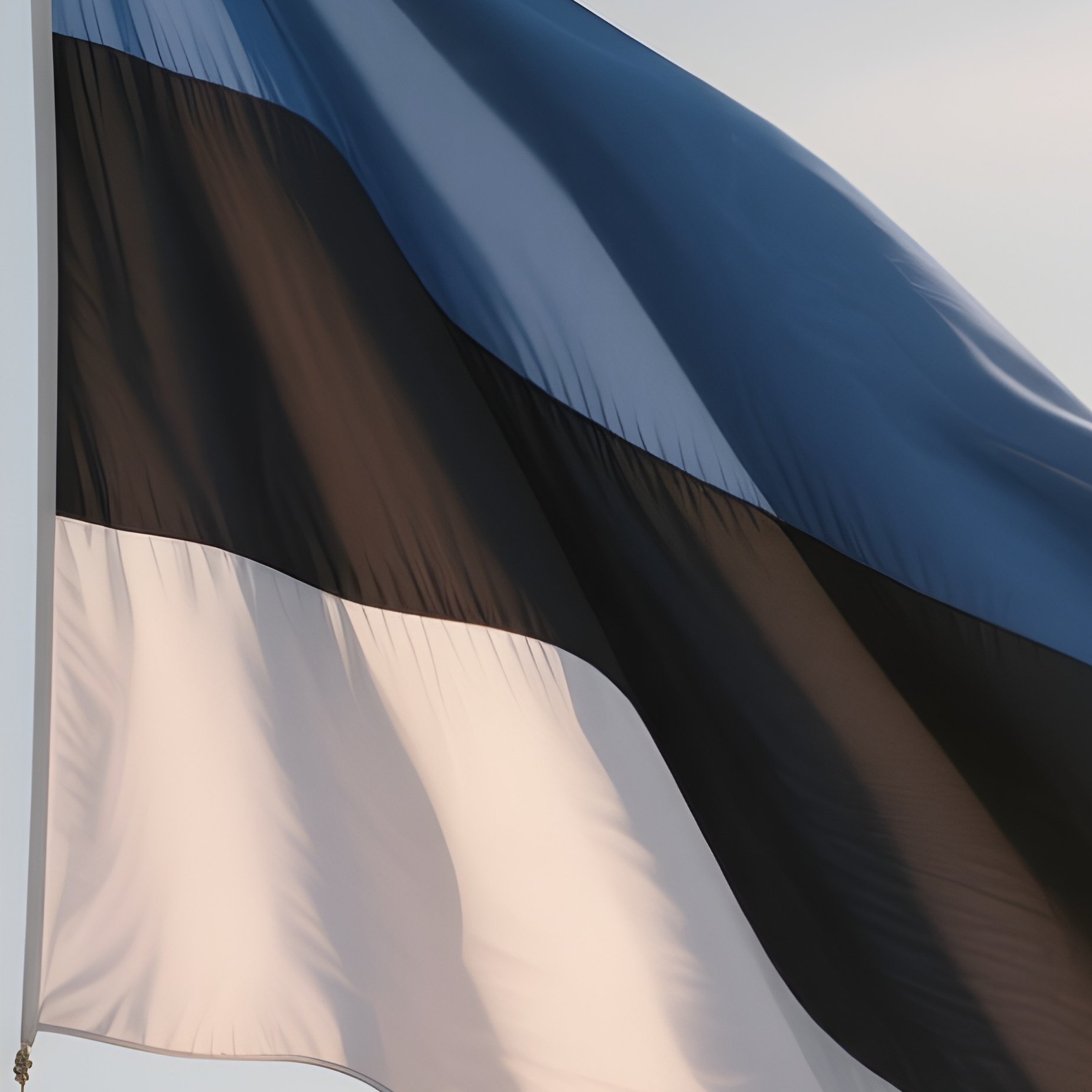 A Photorealistic Scene Of The National Flag Of Estonia Flying At Half Mast On A Tall Flagpole, Gently Lowering In The Wind Against A Respectful, Calm Backdrop With Soft Natural Lighting. - Full Resolution Quality Preview
