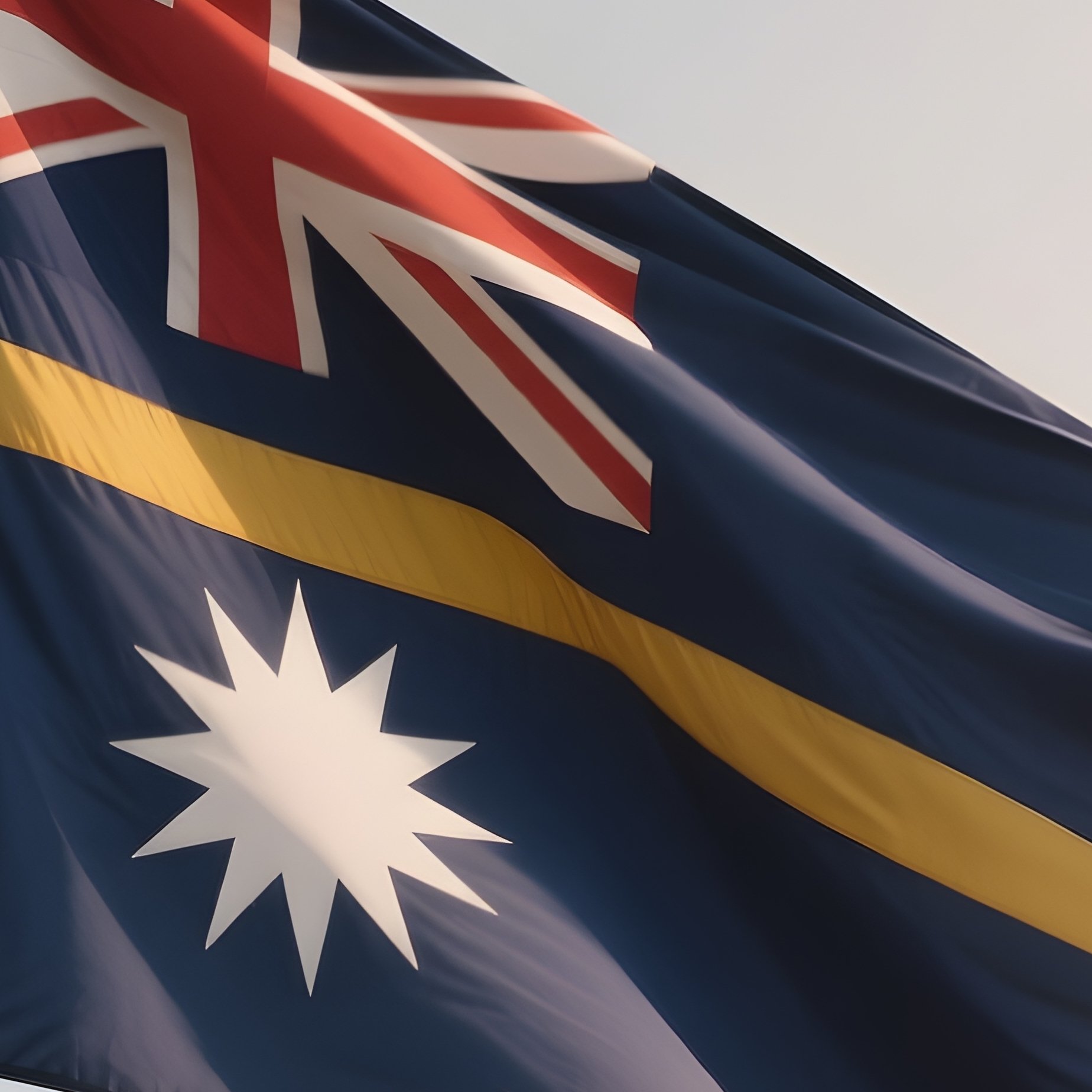 A Photorealistic Scene Of The National Flag Of Nauru Flying At Half Mast On A Tall Flagpole, Gently Lowering In The Wind Against A Respectful, Calm Backdrop With Soft Natural Lighting. - Full Resolution Quality Preview