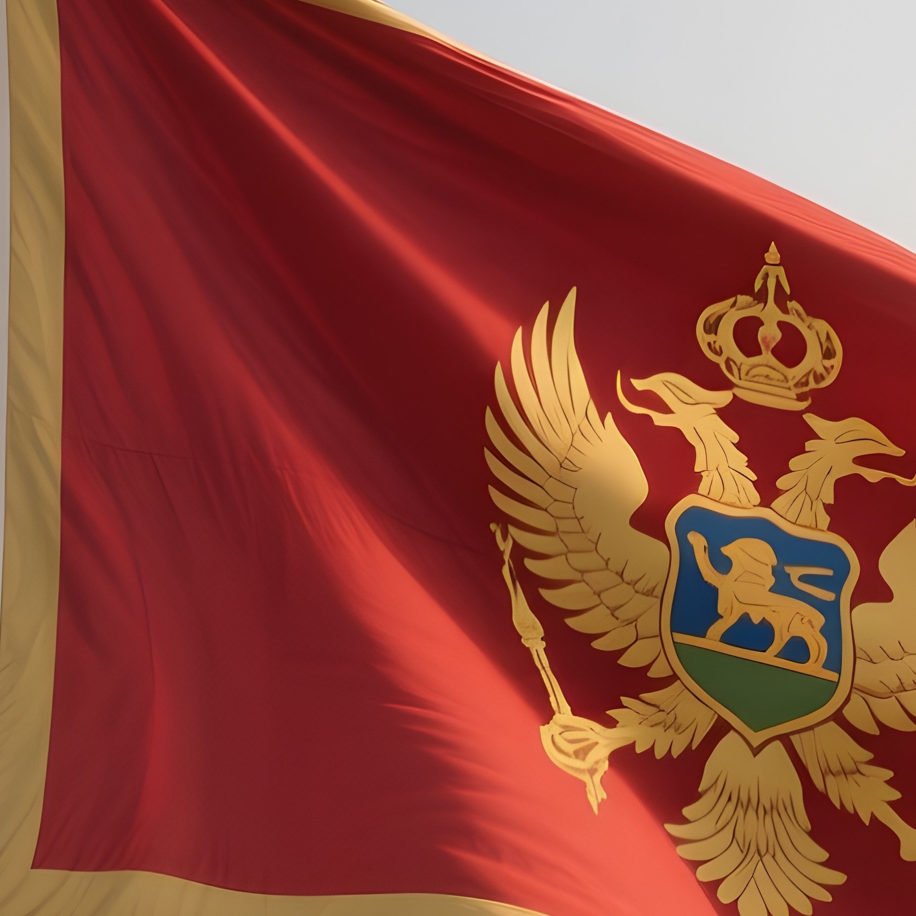 A Photorealistic Scene Of The National Flag Of Montenegro Flying At Half Mast On A Tall Flagpole, Gently Lowering In The Wind Against A Respectful, Calm Backdrop With Soft Natural Lighting. - Full Resolution Quality Preview