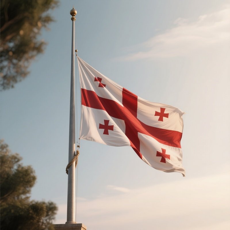 A Photorealistic Scene Of The National Flag Of Georgia Flying At Half Mast On A Tall Flagpole, Gently Lowering In The Wind Against A Respectful, Calm Backdrop With Soft Natural Lighting.