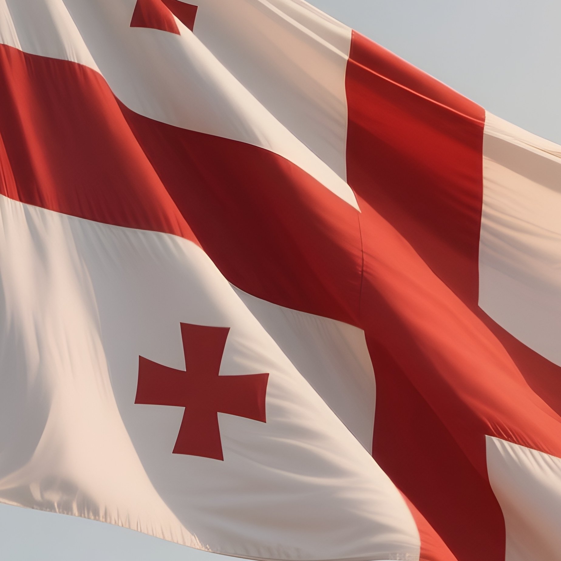 A Photorealistic Scene Of The National Flag Of Georgia Flying At Half Mast On A Tall Flagpole, Gently Lowering In The Wind Against A Respectful, Calm Backdrop With Soft Natural Lighting. - Full Resolution Quality Preview