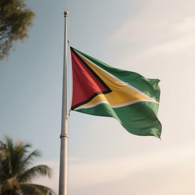 A Photorealistic Scene Of The National Flag Of Guyana Flying At Half Mast On A Tall Flagpole, Gently Lowering In The Wind Against A Respectful, Calm Backdrop With Soft Natural Lighting.