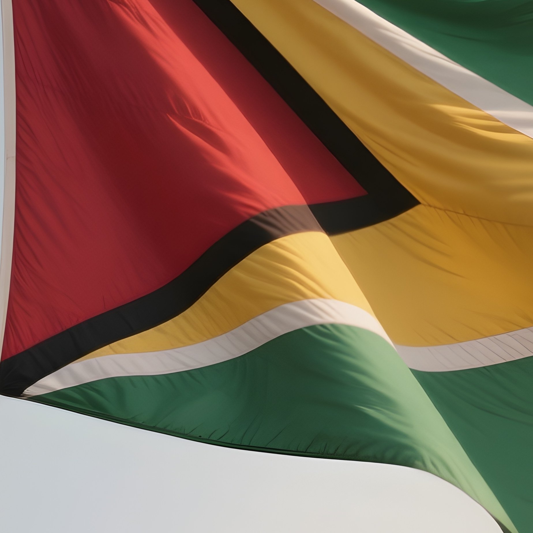 A Photorealistic Scene Of The National Flag Of Guyana Flying At Half Mast On A Tall Flagpole, Gently Lowering In The Wind Against A Respectful, Calm Backdrop With Soft Natural Lighting. - Full Resolution Quality Preview