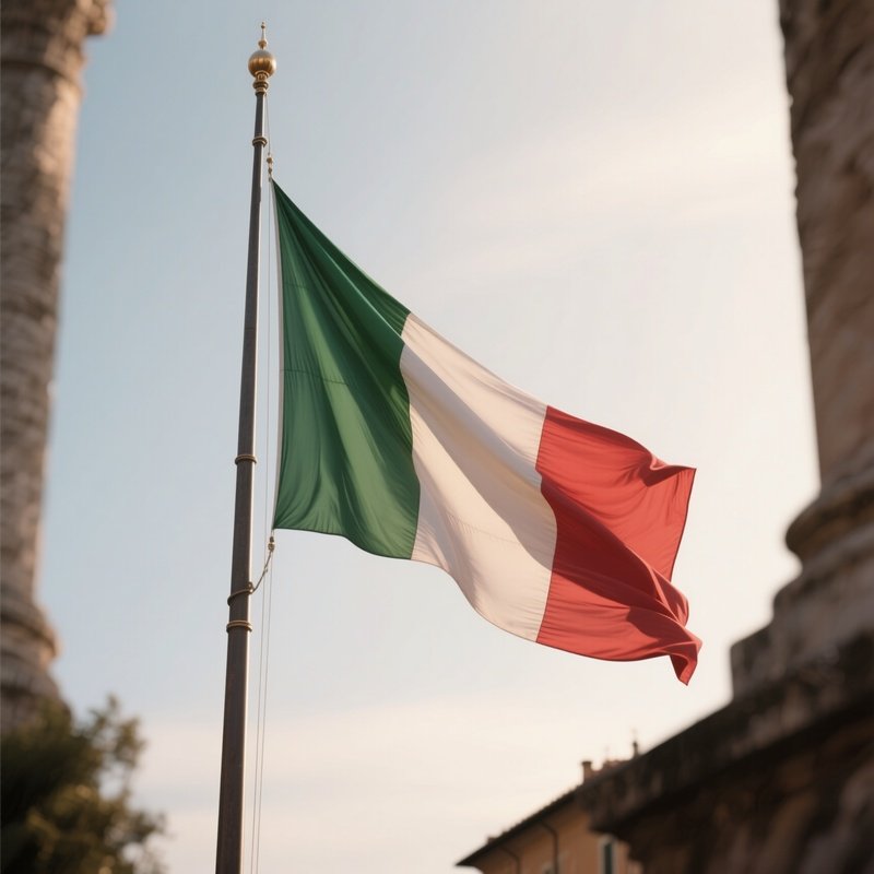 A Photorealistic Scene Of The National Flag Of Italy Flying At Half Mast On A Tall Flagpole, Gently Lowering In The Wind Against A Respectful, Calm Backdrop With Soft Natural Lighting.