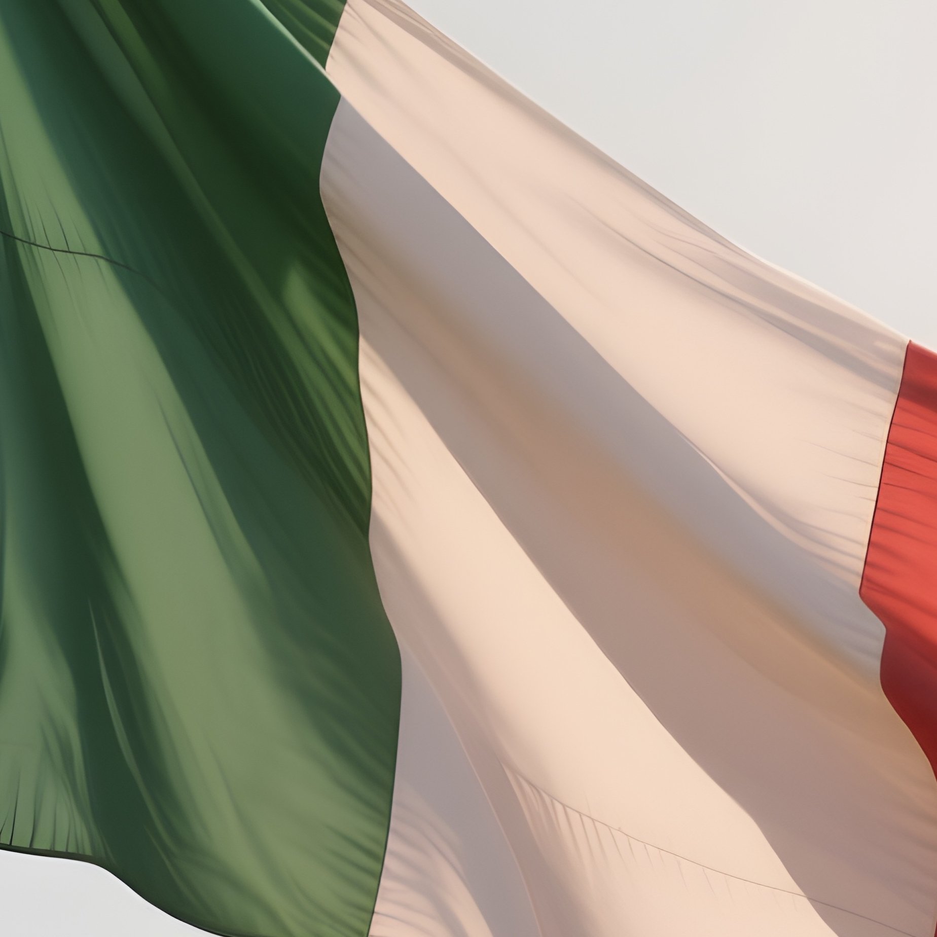 A Photorealistic Scene Of The National Flag Of Italy Flying At Half Mast On A Tall Flagpole, Gently Lowering In The Wind Against A Respectful, Calm Backdrop With Soft Natural Lighting. - Full Resolution Quality Preview