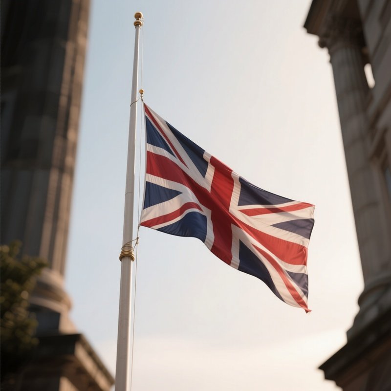 A Photorealistic Scene Of The National Flag Of United Kingdom Flying At Half Mast On A Tall Flagpole, Gently Lowering In The Wind Against A Respectful, Calm Backdrop With Soft Natural Lighting.