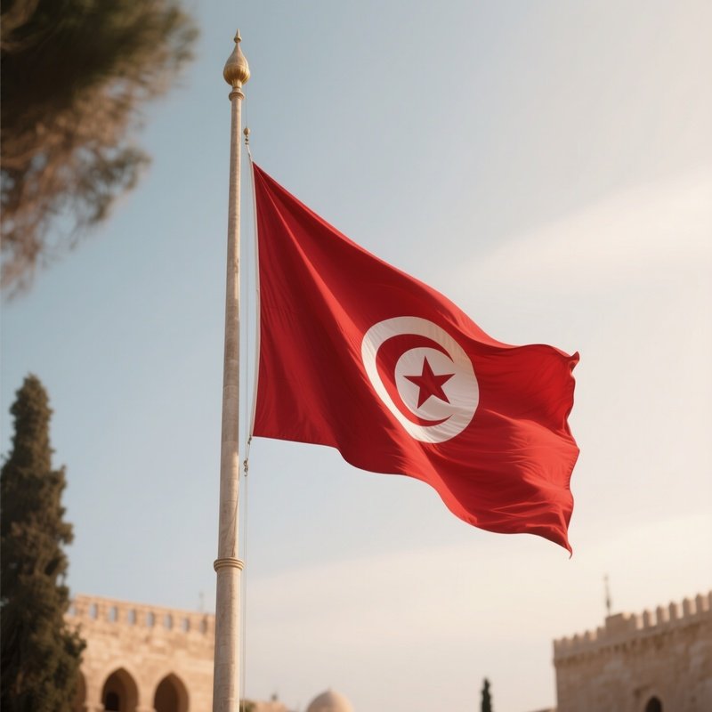 A Photorealistic Scene Of The National Flag Of Tunisia Flying At Half Mast On A Tall Flagpole, Gently Lowering In The Wind Against A Respectful, Calm Backdrop With Soft Natural Lighting.