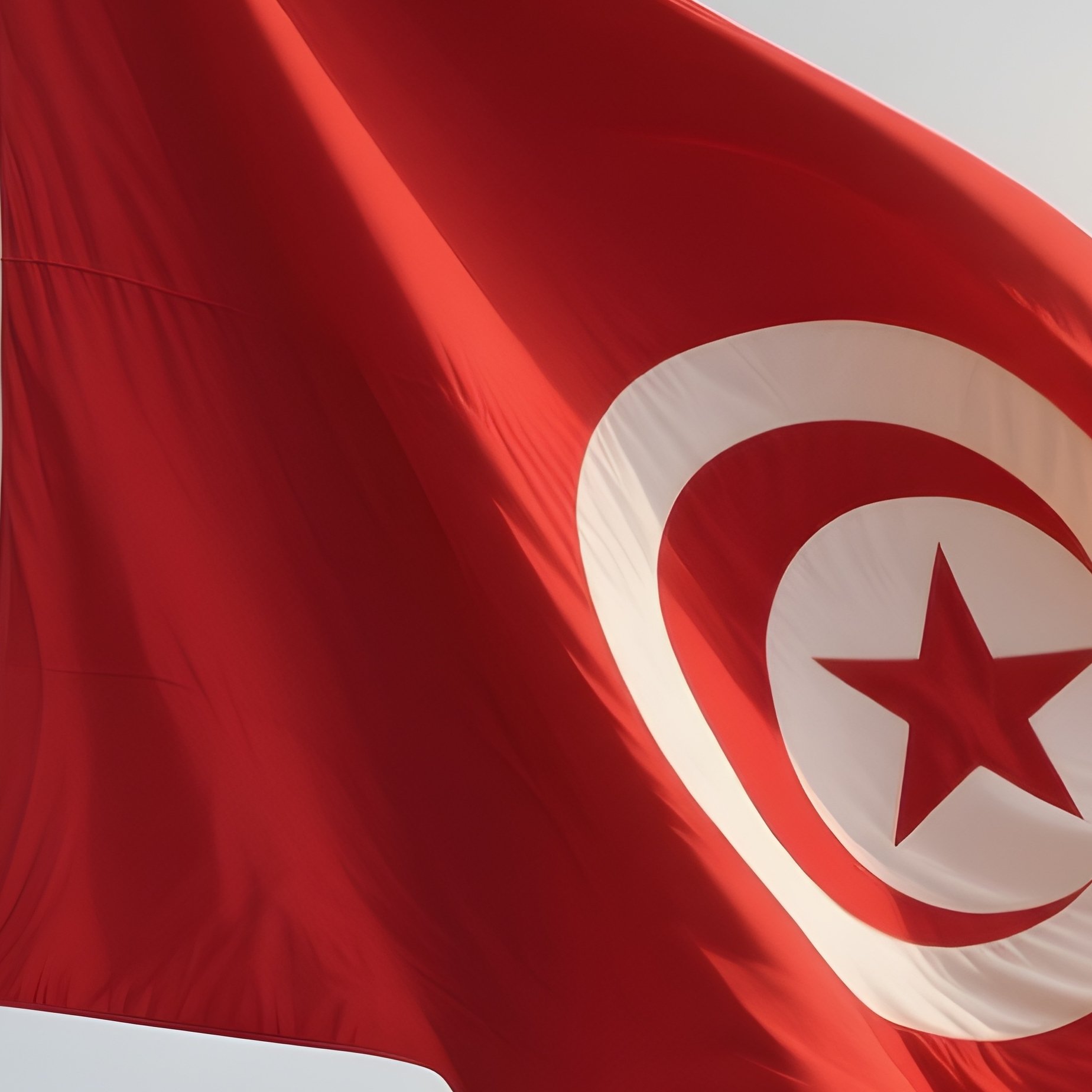A Photorealistic Scene Of The National Flag Of Tunisia Flying At Half Mast On A Tall Flagpole, Gently Lowering In The Wind Against A Respectful, Calm Backdrop With Soft Natural Lighting. - Full Resolution Quality Preview