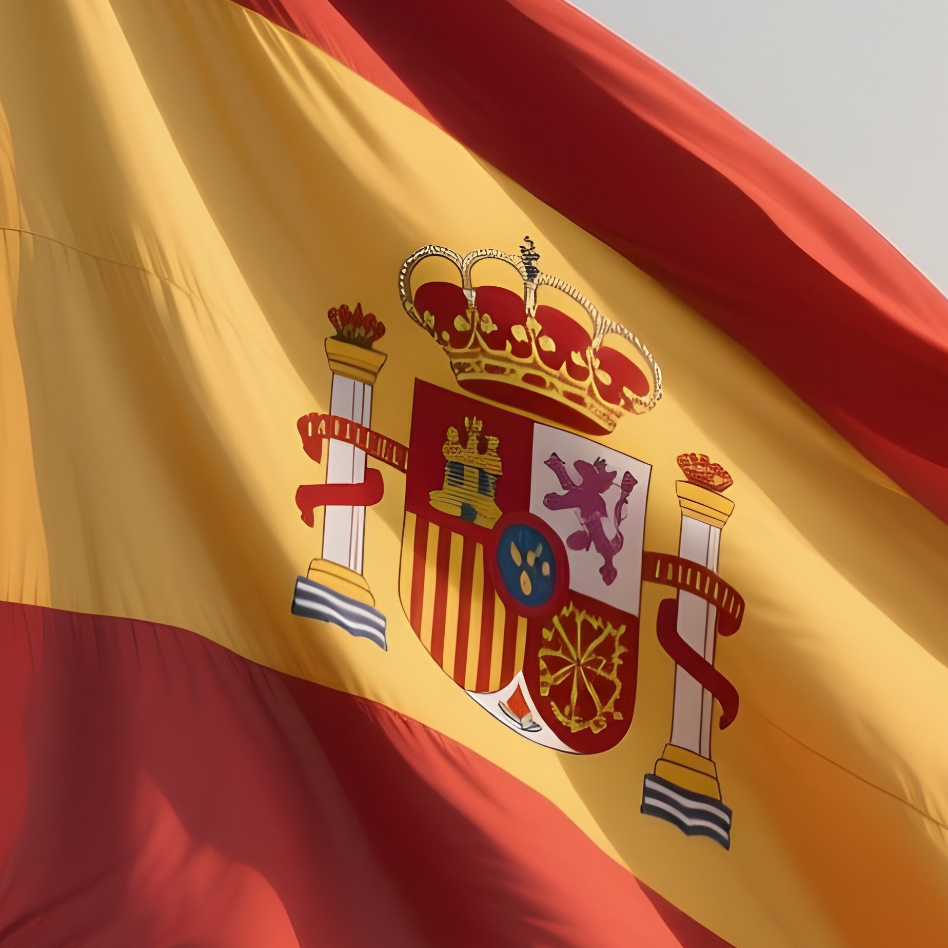 A Photorealistic Scene Of The National Flag Of Spain Flying At Half Mast On A Tall Flagpole, Gently Lowering In The Wind Against A Respectful, Calm Backdrop With Soft Natural Lighting. - Full Resolution Quality Preview