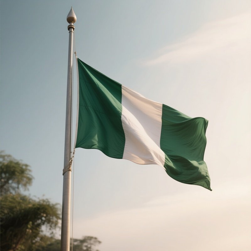 A Photorealistic Scene Of The National Flag Of Nigeria Flying At Half Mast On A Tall Flagpole, Gently Lowering In The Wind Against A Respectful, Calm Backdrop With Soft Natural Lighting.