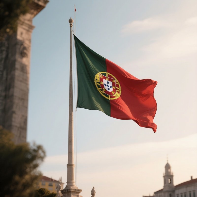 A Photorealistic Scene Of The National Flag Of Portugal Flying At Half Mast On A Tall Flagpole, Gently Lowering In The Wind Against A Respectful, Calm Backdrop With Soft Natural Lighting.