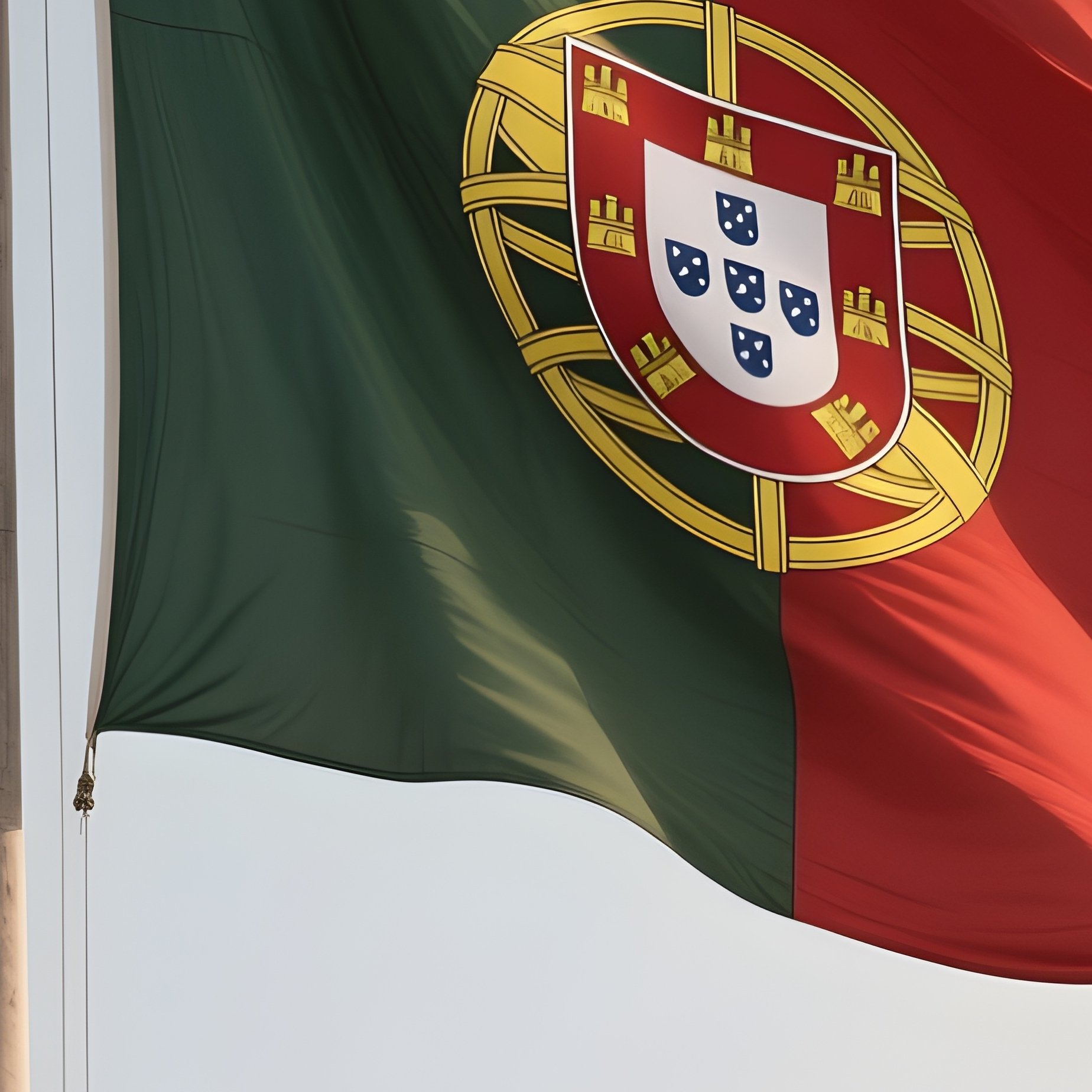 A Photorealistic Scene Of The National Flag Of Portugal Flying At Half Mast On A Tall Flagpole, Gently Lowering In The Wind Against A Respectful, Calm Backdrop With Soft Natural Lighting. - Full Resolution Quality Preview