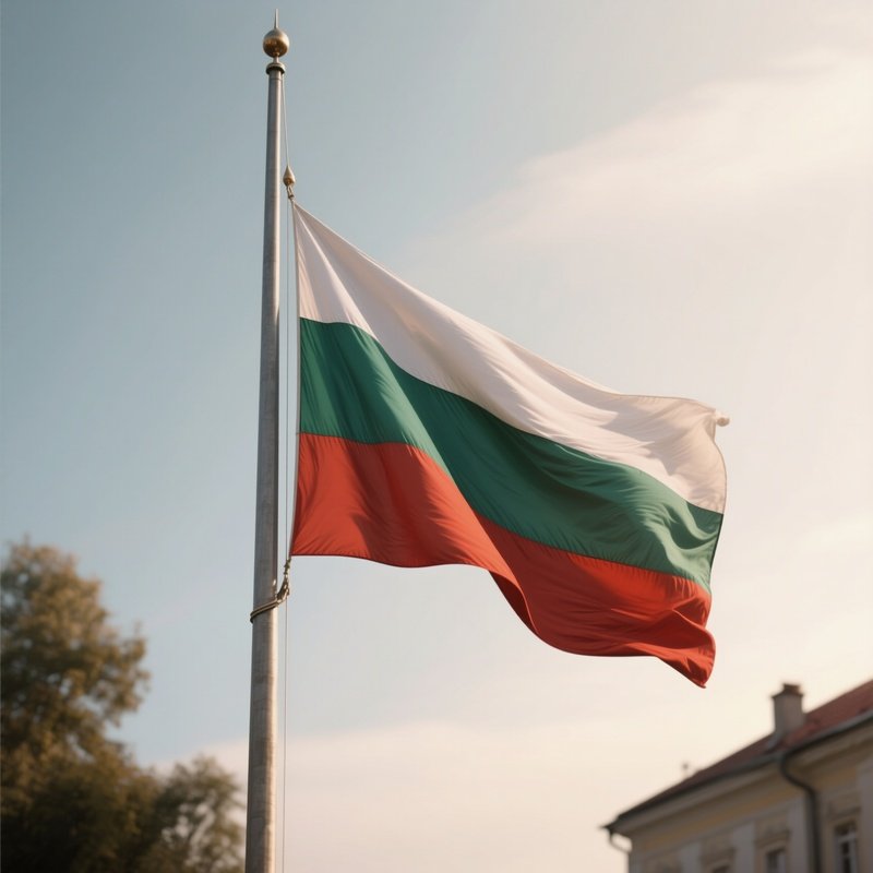 A Photorealistic Scene Of The National Flag Of Bulgaria Flying At Half Mast On A Tall Flagpole, Gently Lowering In The Wind Against A Respectful, Calm Backdrop With Soft Natural Lighting.