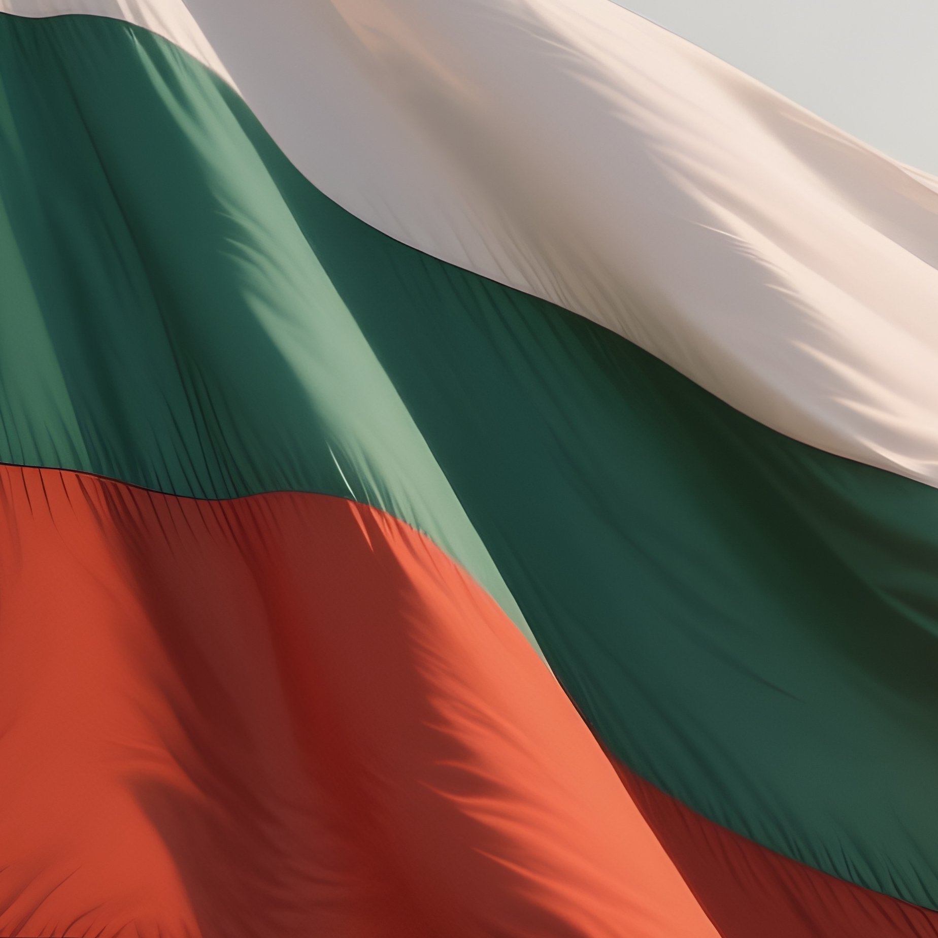 A Photorealistic Scene Of The National Flag Of Bulgaria Flying At Half Mast On A Tall Flagpole, Gently Lowering In The Wind Against A Respectful, Calm Backdrop With Soft Natural Lighting. - Full Resolution Quality Preview