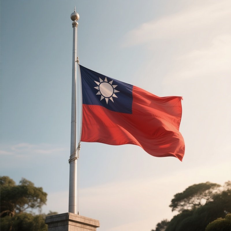 A Photorealistic Scene Of The National Flag Of Taiwan Flying At Half Mast On A Tall Flagpole, Gently Lowering In The Wind Against A Respectful, Calm Backdrop With Soft Natural Lighting.