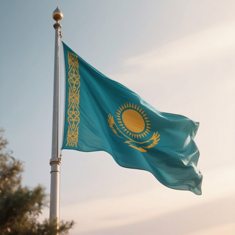 A Photorealistic Scene Of The National Flag Of Kazakhstan Flying At Half Mast On A Tall Flagpole, Gently Lowering In The Wind Against A Respectful, Calm Backdrop With Soft Natural Lighting.