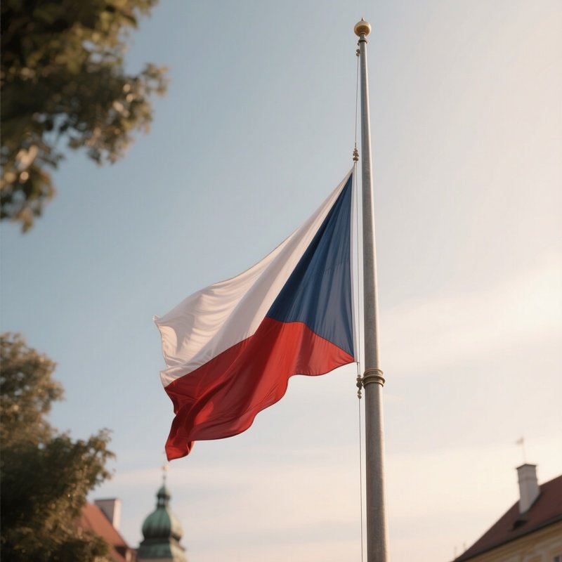 A Photorealistic Scene Of The National Flag Of Czech Republic Flying At Half Mast On A Tall Flagpole, Gently Lowering In The Wind Against A Respectful, Calm Backdrop With Soft Natural Lighting.