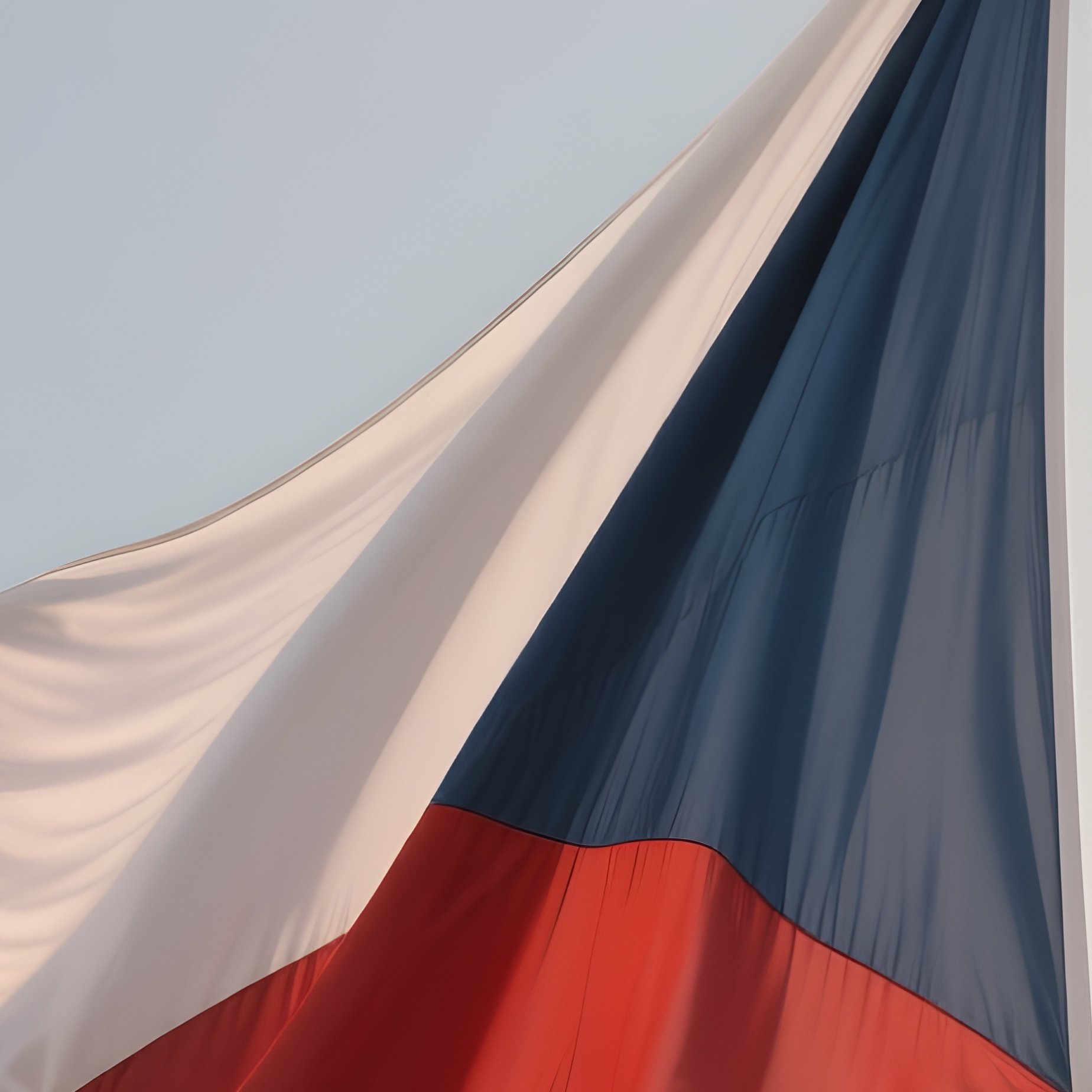 A Photorealistic Scene Of The National Flag Of Czech Republic Flying At Half Mast On A Tall Flagpole, Gently Lowering In The Wind Against A Respectful, Calm Backdrop With Soft Natural Lighting. - Full Resolution Quality Preview