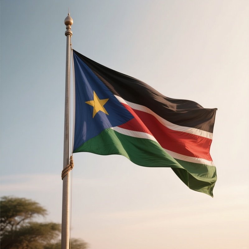 A Photorealistic Scene Of The National Flag Of South Sudan Flying At Half Mast On A Tall Flagpole, Gently Lowering In The Wind Against A Respectful, Calm Backdrop With Soft Natural Lighting.