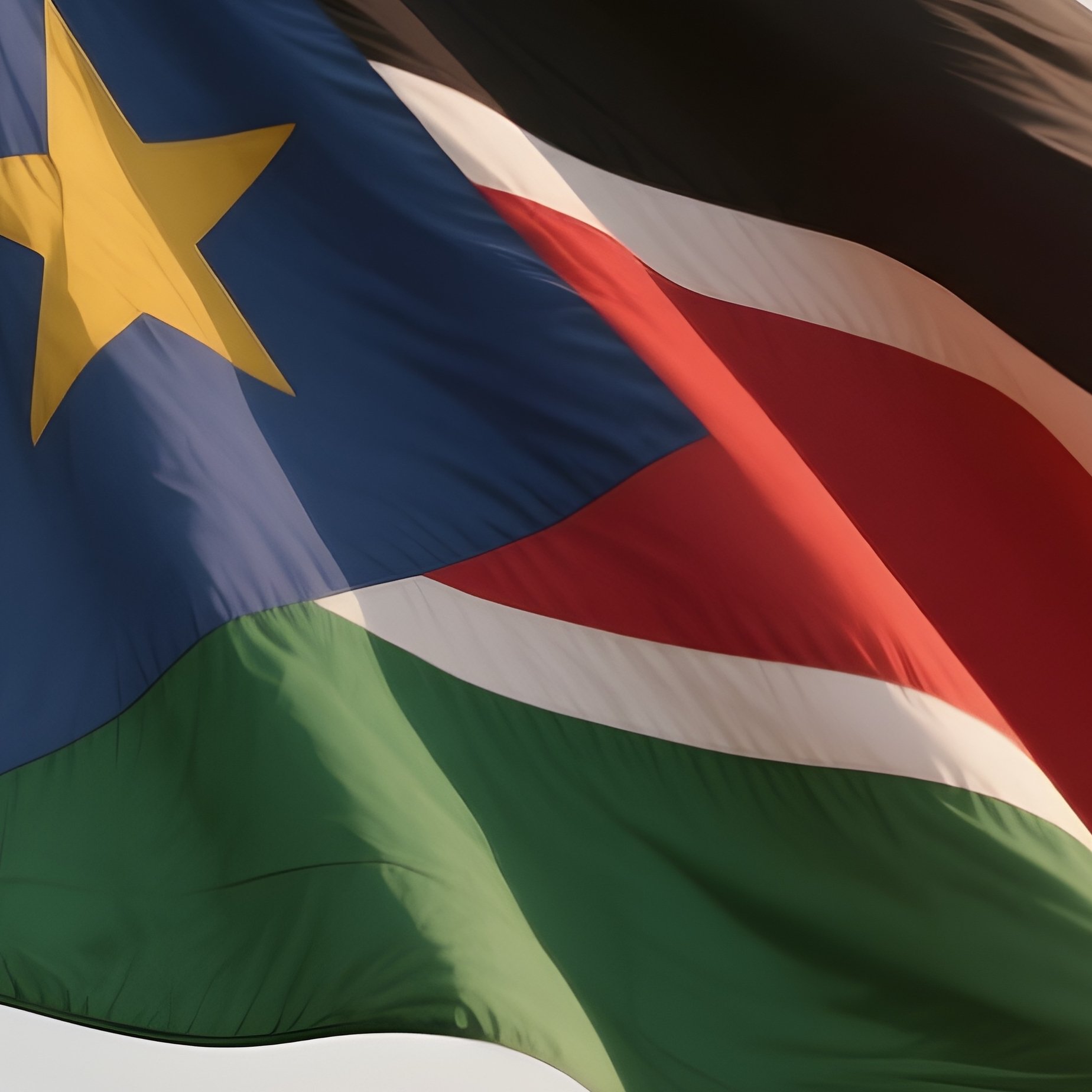 A Photorealistic Scene Of The National Flag Of South Sudan Flying At Half Mast On A Tall Flagpole, Gently Lowering In The Wind Against A Respectful, Calm Backdrop With Soft Natural Lighting. - Full Resolution Quality Preview