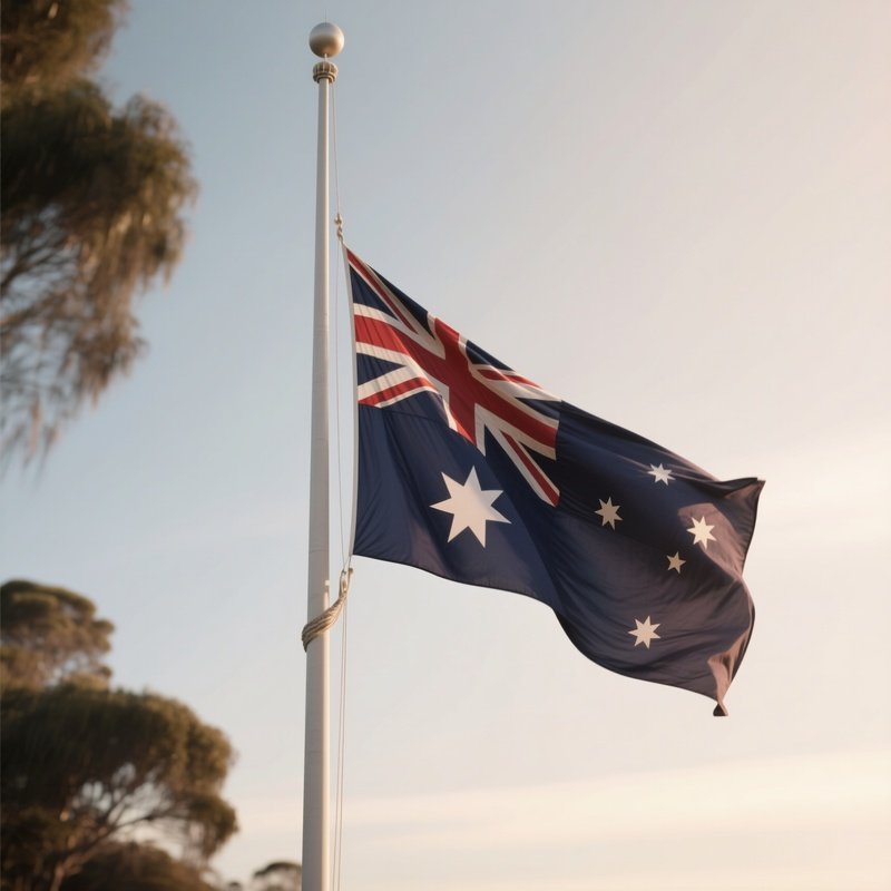A Photorealistic Scene Of The National Flag Of Australia Flying At Half Mast On A Tall Flagpole, Gently Lowering In The Wind Against A Respectful, Calm Backdrop With Soft Natural Lighting.