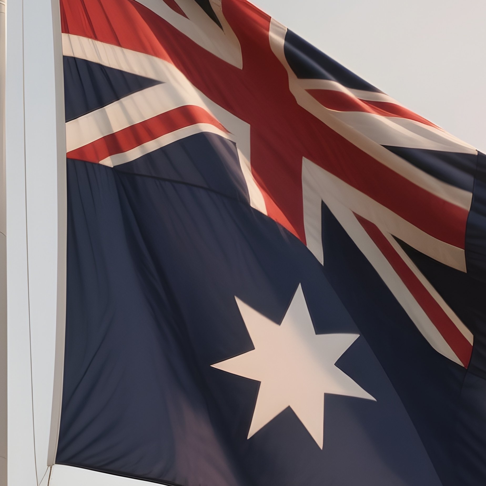 A Photorealistic Scene Of The National Flag Of Australia Flying At Half Mast On A Tall Flagpole, Gently Lowering In The Wind Against A Respectful, Calm Backdrop With Soft Natural Lighting. - Full Resolution Quality Preview