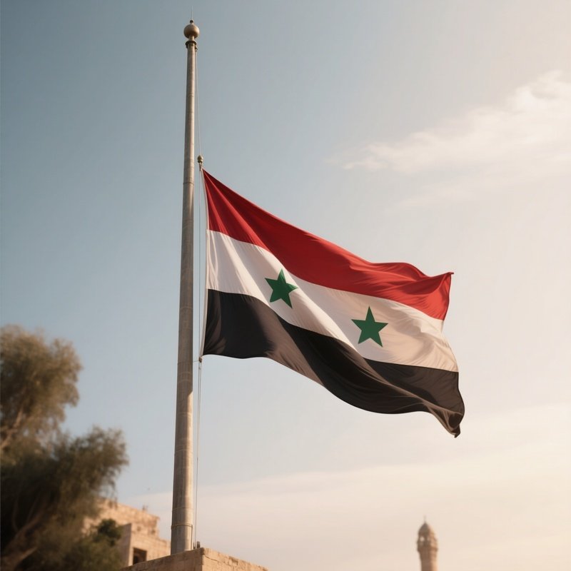 A Photorealistic Scene Of The National Flag Of Syria Flying At Half Mast On A Tall Flagpole, Gently Lowering In The Wind Against A Respectful, Calm Backdrop With Soft Natural Lighting.