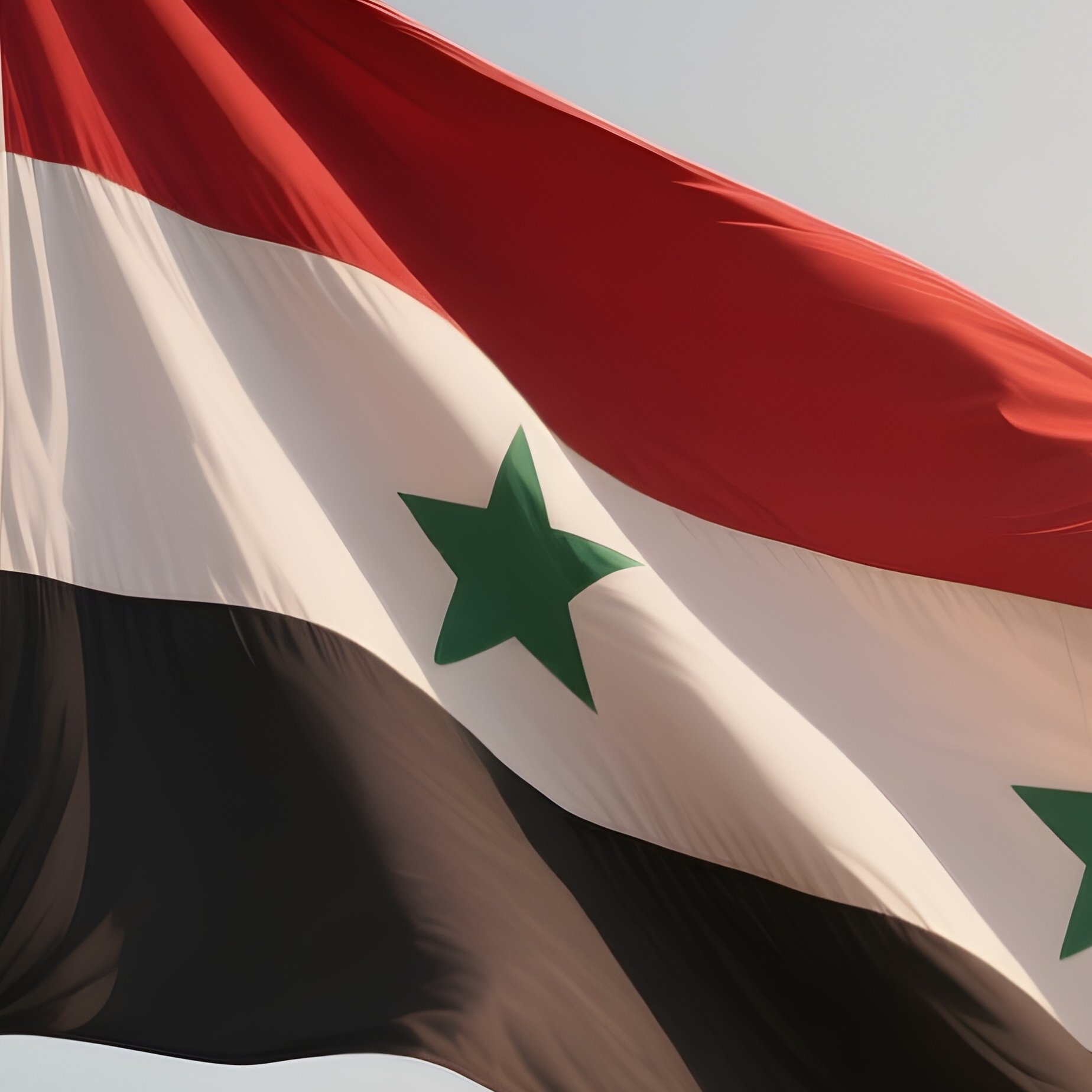 A Photorealistic Scene Of The National Flag Of Syria Flying At Half Mast On A Tall Flagpole, Gently Lowering In The Wind Against A Respectful, Calm Backdrop With Soft Natural Lighting. - Full Resolution Quality Preview