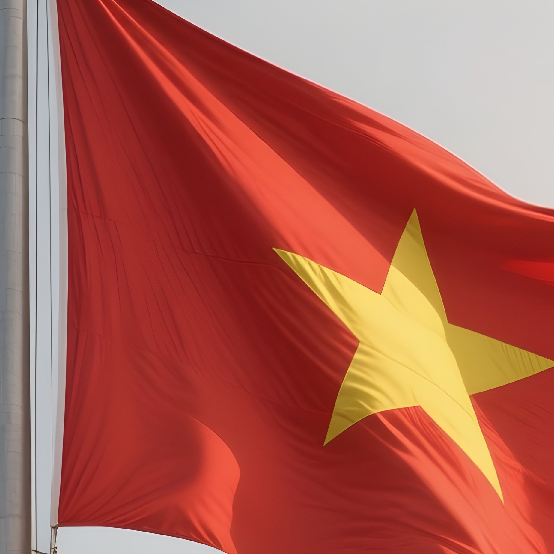 A Photorealistic Scene Of The National Flag Of Vietnam Flying At Half Mast On A Tall Flagpole, Gently Lowering In The Wind Against A Respectful, Calm Backdrop With Soft Natural Lighting. - Full Resolution Quality Preview