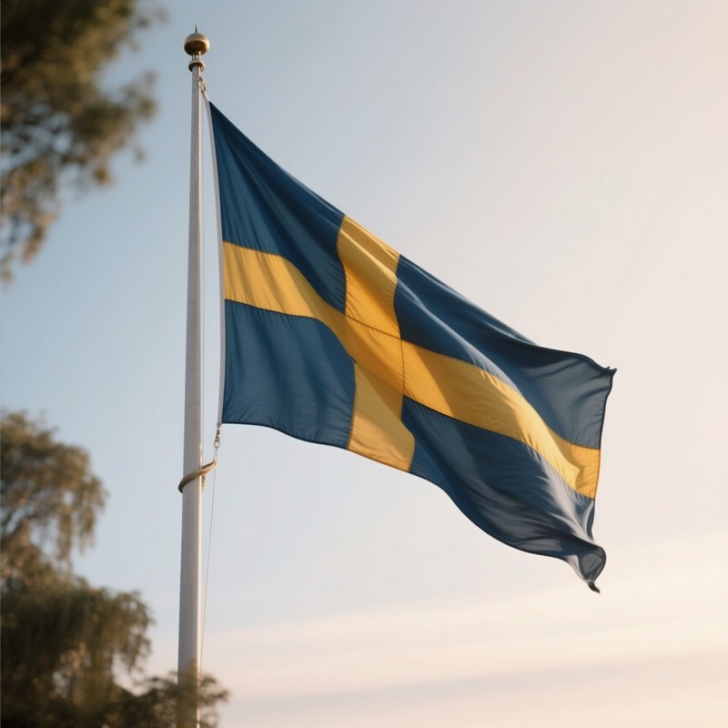 A Photorealistic Scene Of The National Flag Of Sweden Flying At Half Mast On A Tall Flagpole, Gently Lowering In The Wind Against A Respectful, Calm Backdrop With Soft Natural Lighting.