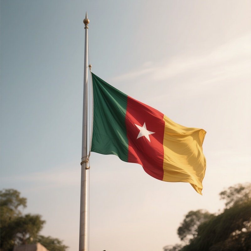 A Photorealistic Scene Of The National Flag Of Cameroon Flying At Half Mast On A Tall Flagpole, Gently Lowering In The Wind Against A Respectful, Calm Backdrop With Soft Natural Lighting.