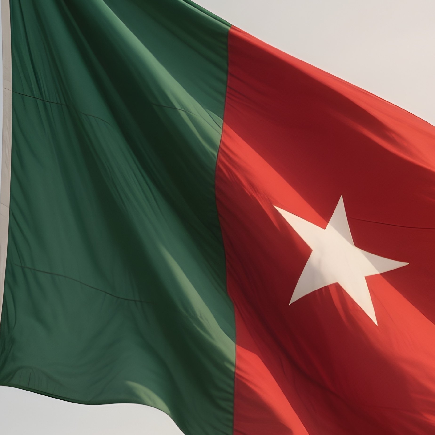 A Photorealistic Scene Of The National Flag Of Cameroon Flying At Half Mast On A Tall Flagpole, Gently Lowering In The Wind Against A Respectful, Calm Backdrop With Soft Natural Lighting. - Full Resolution Quality Preview