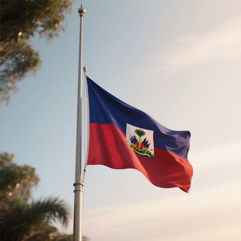 A Photorealistic Scene Of The National Flag Of Haiti Flying At Half Mast On A Tall Flagpole, Gently Lowering In The Wind Against A Respectful, Calm Backdrop With Soft Natural Lighting.