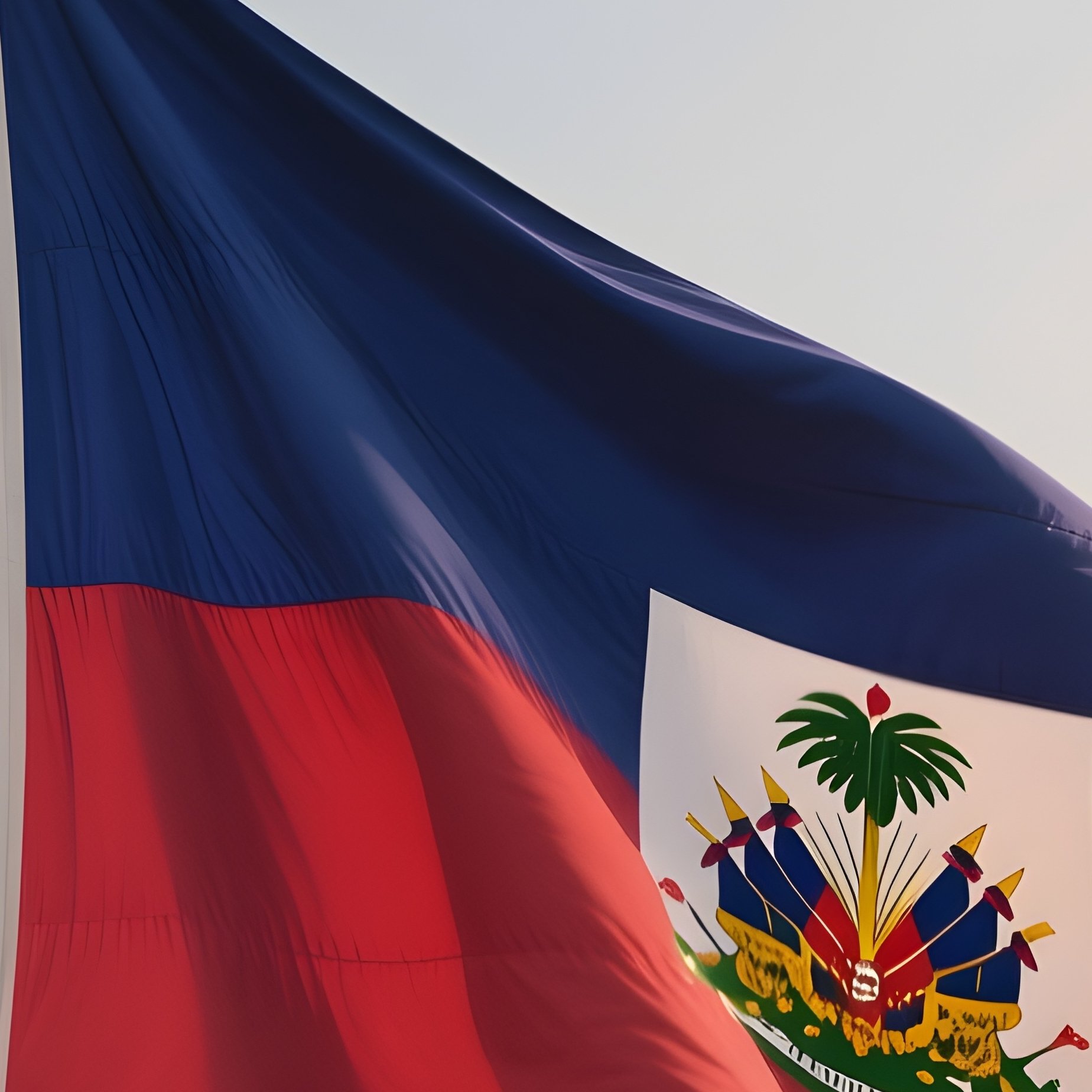 A Photorealistic Scene Of The National Flag Of Haiti Flying At Half Mast On A Tall Flagpole, Gently Lowering In The Wind Against A Respectful, Calm Backdrop With Soft Natural Lighting. - Full Resolution Quality Preview
