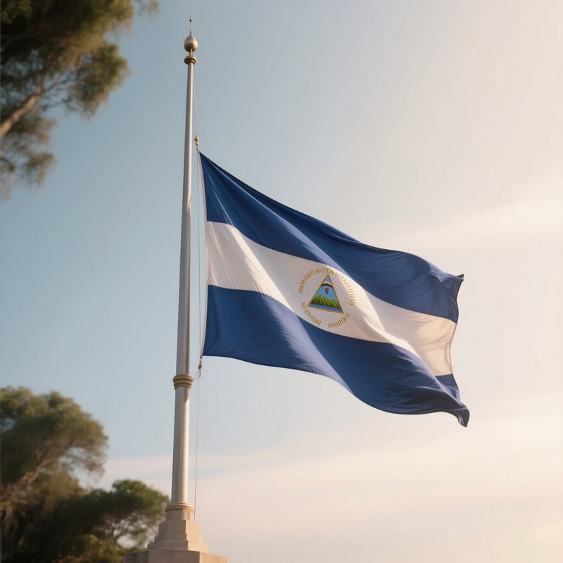 A Photorealistic Scene Of The National Flag Of Nicaragua Flying At Half Mast On A Tall Flagpole, Gently Lowering In The Wind Against A Respectful, Calm Backdrop With Soft Natural Lighting.