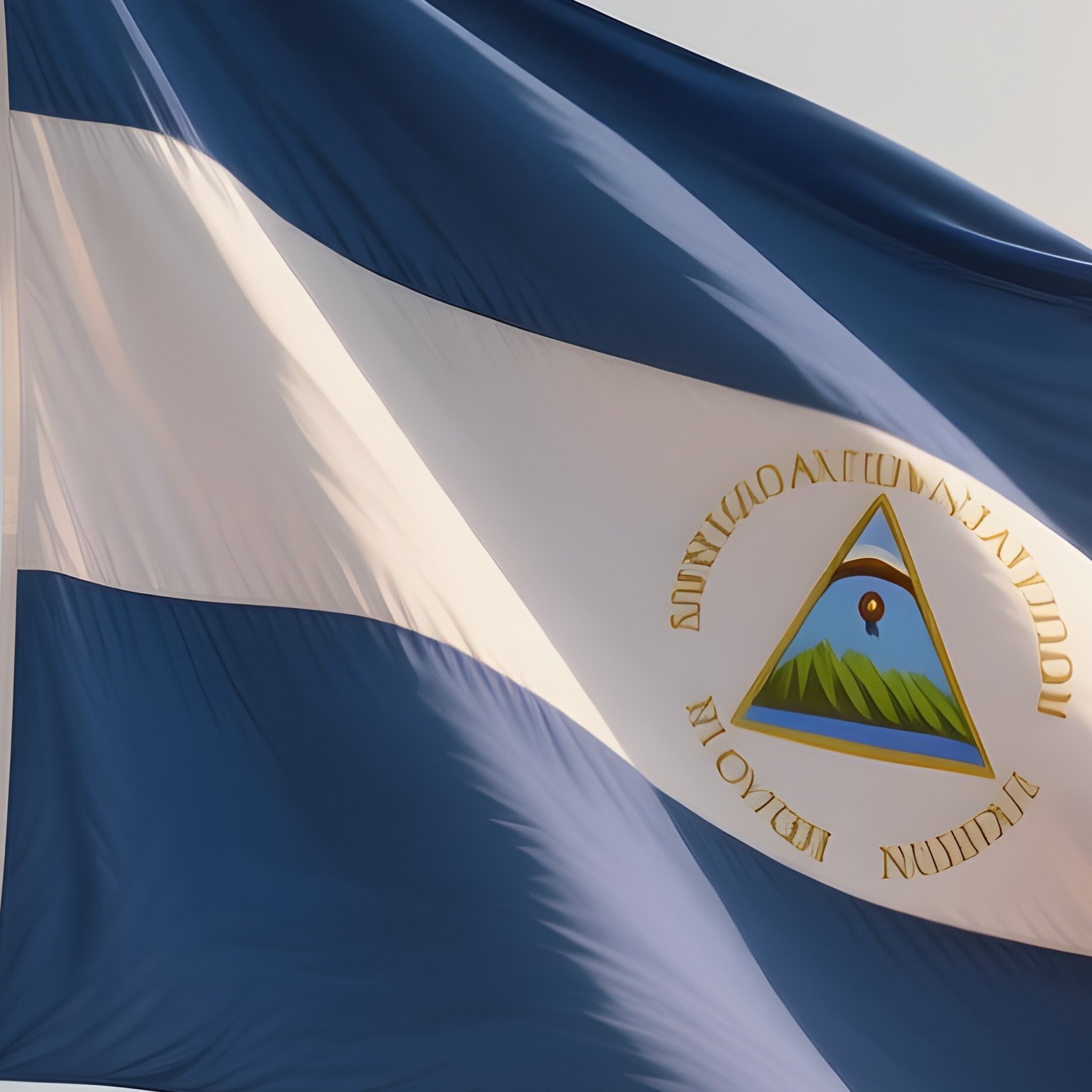 A Photorealistic Scene Of The National Flag Of Nicaragua Flying At Half Mast On A Tall Flagpole, Gently Lowering In The Wind Against A Respectful, Calm Backdrop With Soft Natural Lighting. - Full Resolution Quality Preview