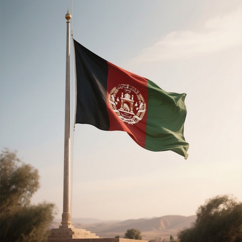 A Photorealistic Scene Of The National Flag Of Afghanistan Flying At Half Mast On A Tall Flagpole, Gently Lowering In The Wind Against A Respectful, Calm Backdrop With Soft Natural Lighting.