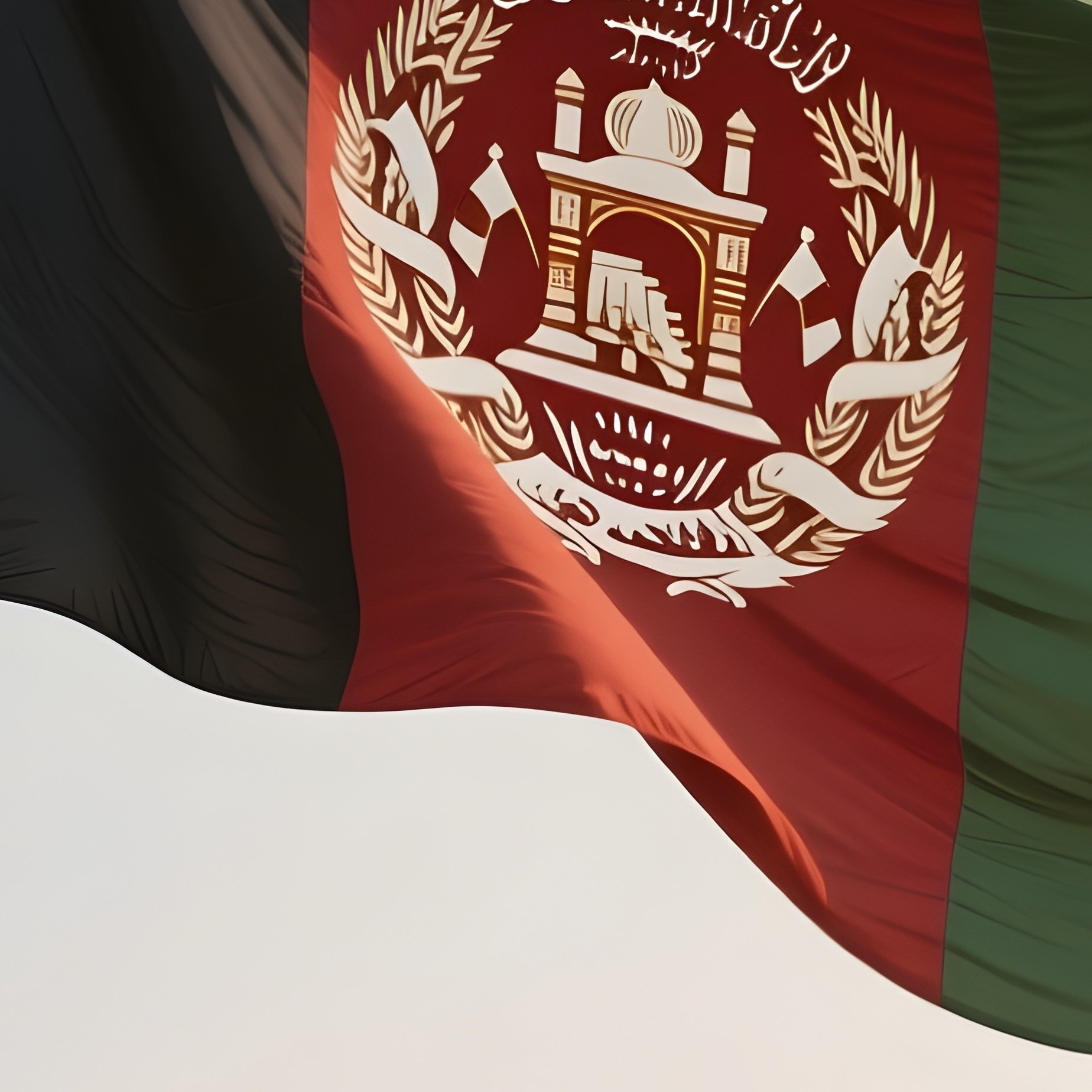 A Photorealistic Scene Of The National Flag Of Afghanistan Flying At Half Mast On A Tall Flagpole, Gently Lowering In The Wind Against A Respectful, Calm Backdrop With Soft Natural Lighting. - Full Resolution Quality Preview