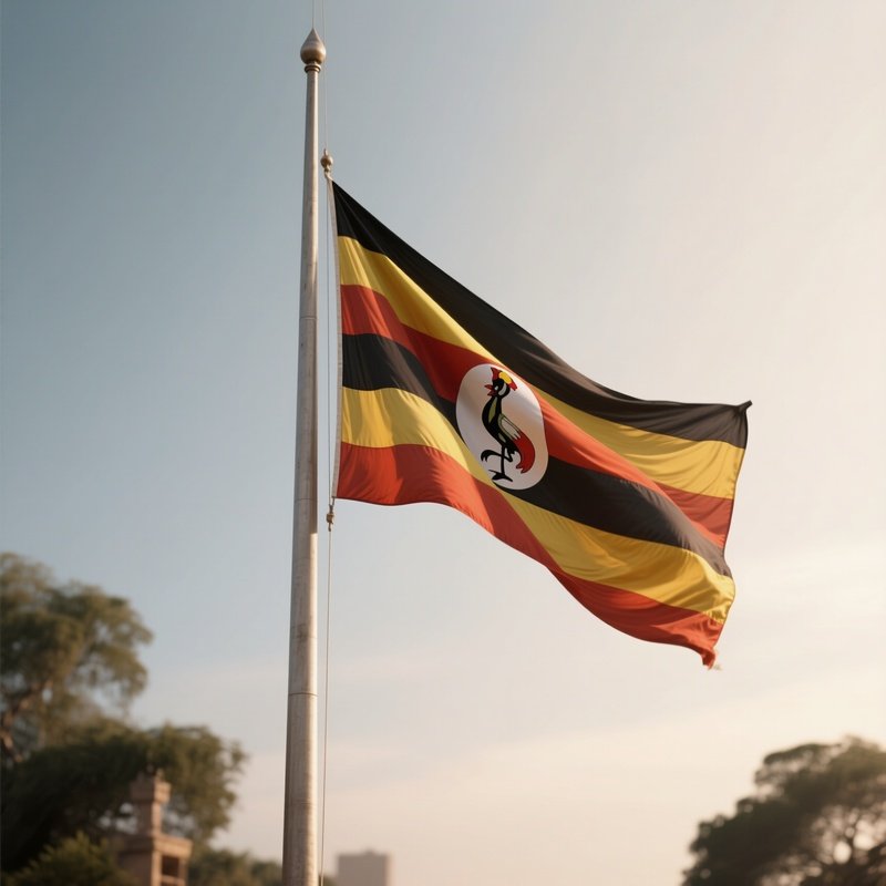 A Photorealistic Scene Of The National Flag Of Uganda Flying At Half Mast On A Tall Flagpole, Gently Lowering In The Wind Against A Respectful, Calm Backdrop With Soft Natural Lighting.
