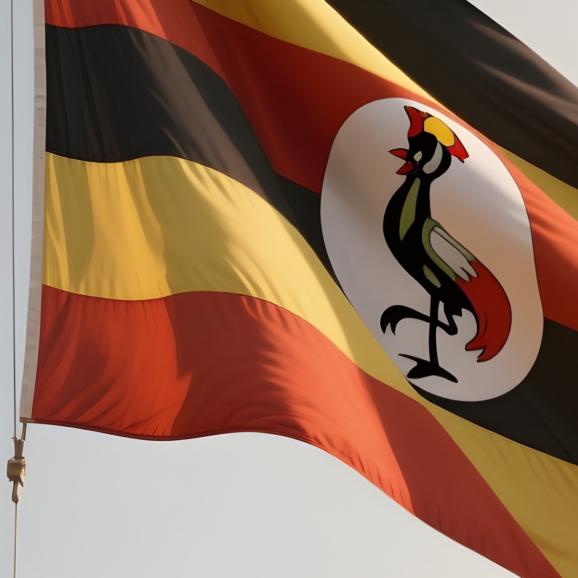 A Photorealistic Scene Of The National Flag Of Uganda Flying At Half Mast On A Tall Flagpole, Gently Lowering In The Wind Against A Respectful, Calm Backdrop With Soft Natural Lighting. - Full Resolution Quality Preview