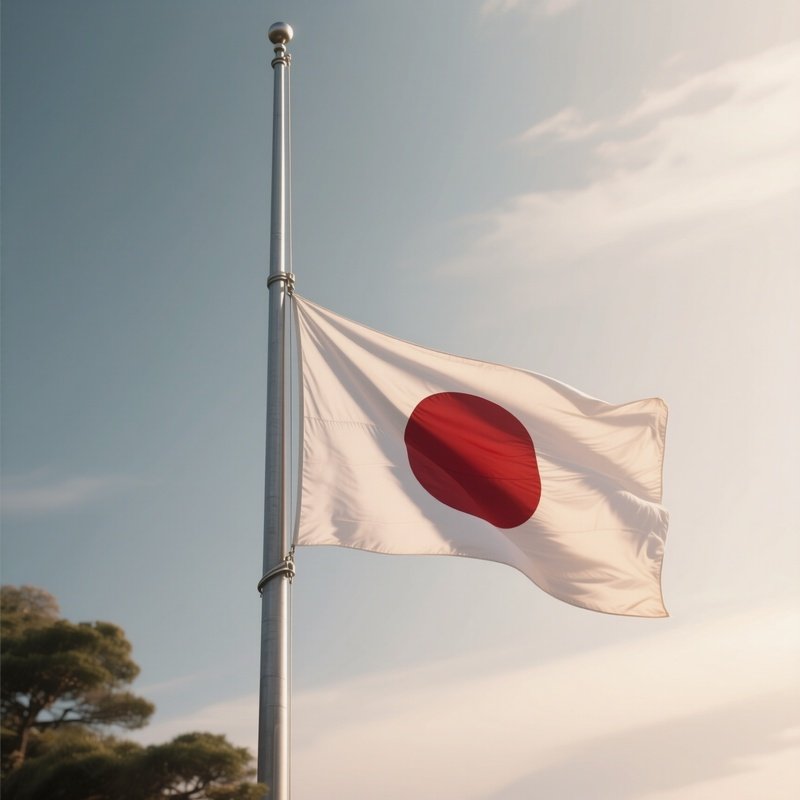 A Photorealistic Scene Of The National Flag Of Japan Flying At Half Mast On A Tall Flagpole, Gently Lowering In The Wind Against A Respectful, Calm Backdrop With Soft Natural Lighting.
