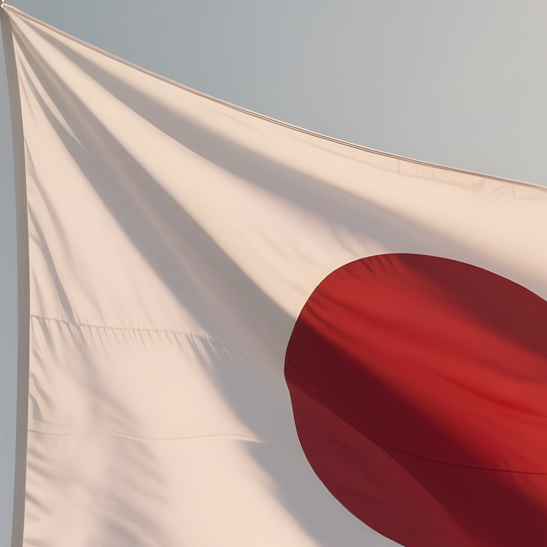 A Photorealistic Scene Of The National Flag Of Japan Flying At Half Mast On A Tall Flagpole, Gently Lowering In The Wind Against A Respectful, Calm Backdrop With Soft Natural Lighting. - Full Resolution Quality Preview